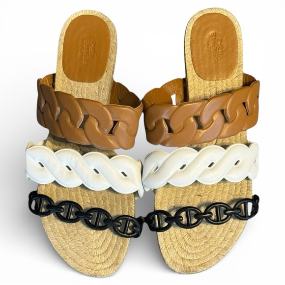 Hermes Shoes - Hermès Gwen Tricolor Leather Slide Sandals Espadrille Flats 39 Summer Holiday